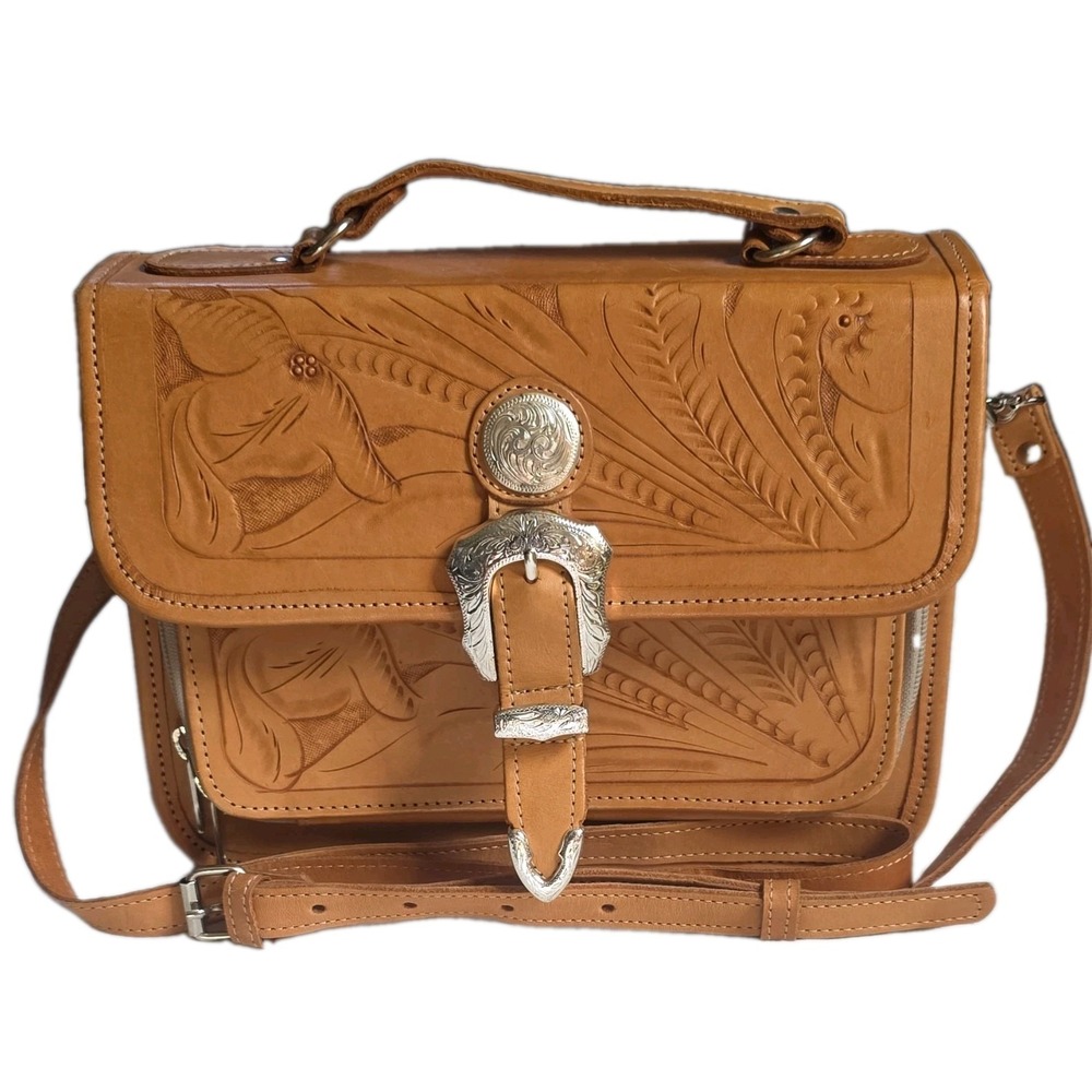 Vintage Force Ten Classic Tooled Leather Western Crossbody Satchel Bag